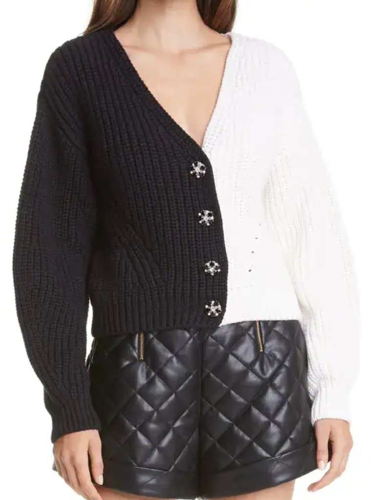 Self-Portrait Contrast Knit Chunky Cardigan Black White Crystal Button Sweater